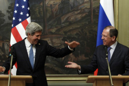 Russia's Foreign Minister Sergei Lavrov (R) and U.S. Secretary of State John Kerry react during a joint news conference after their meeting in Moscow, May 7, 2013. The U.S. secretary of state sought Russian help in ending Syria's civil war on Tuesday, telling President Vladimir Putin in Moscow that common interest in a stable Middle East could bridge divisions among the big powers. REUTERS/Sergei Karpukhin (RUSSIA - Tags: POLITICS CONFLICT TPX IMAGES OF THE DAY) - RTXZE2F
