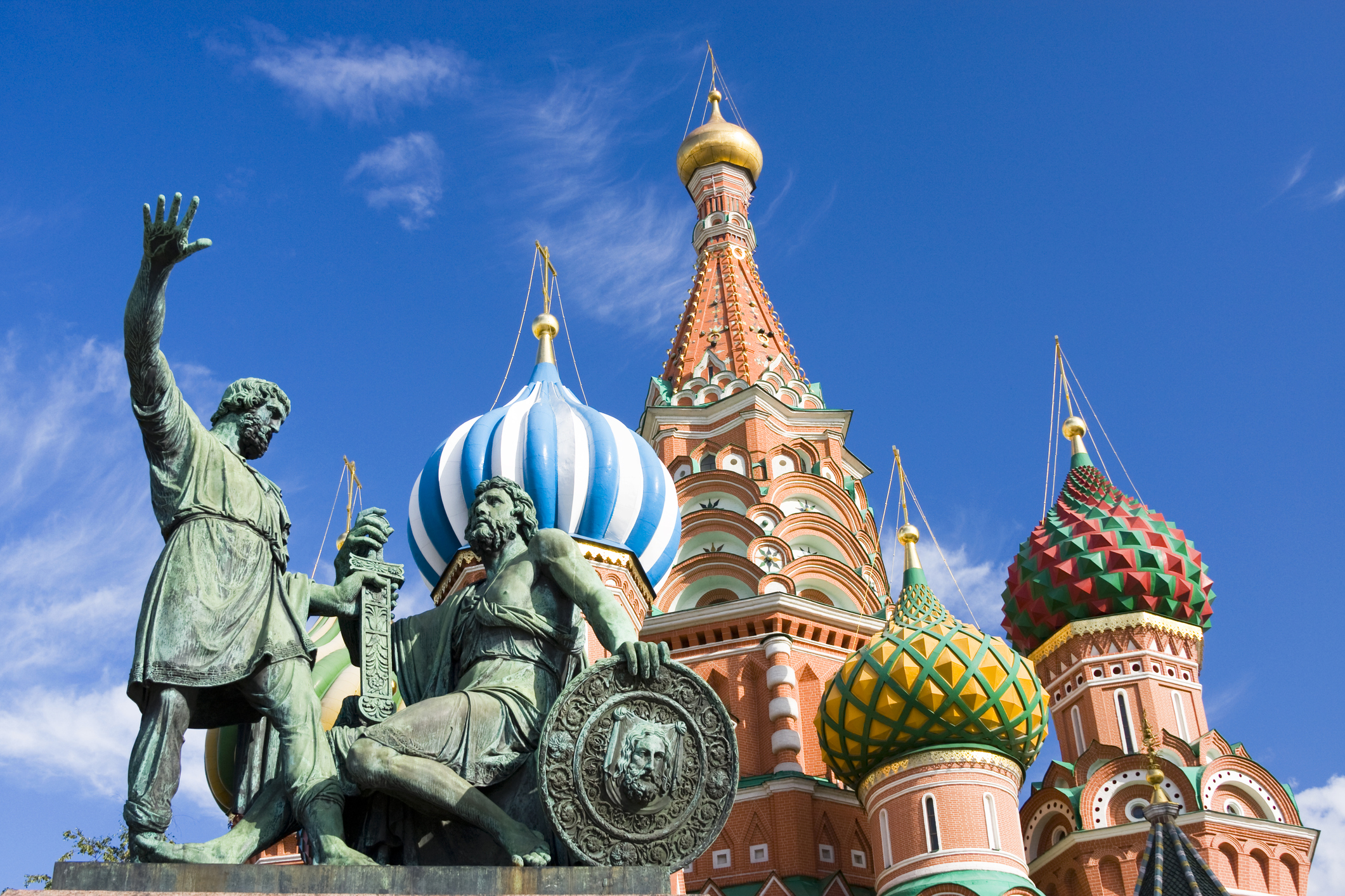 St.Basil Orthodox Cathedral and Minin & Pozharskiy monument in Moscow,Russia.